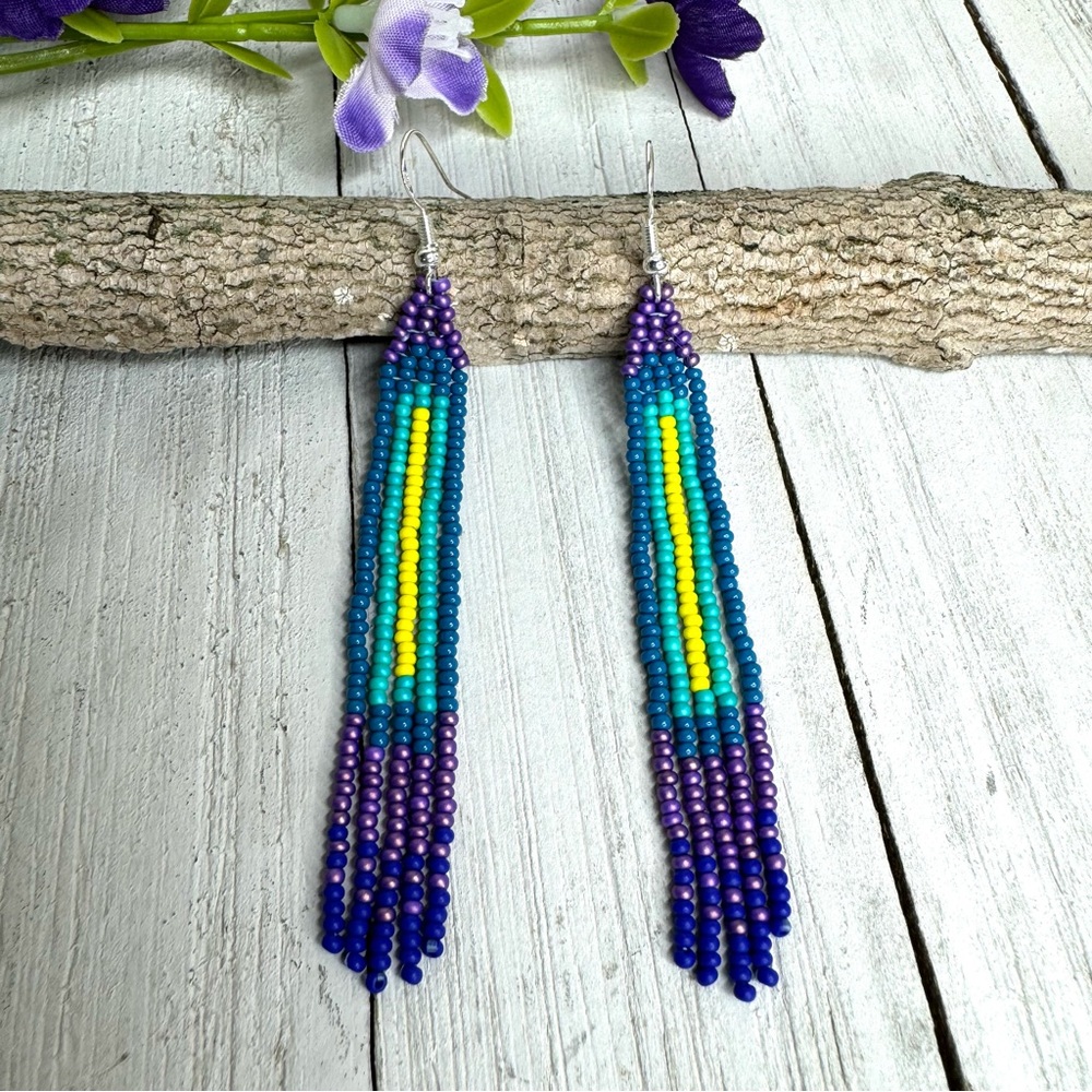Handmade Seed Bead Beaded Earrings Native American‎ Style 3.5” Long